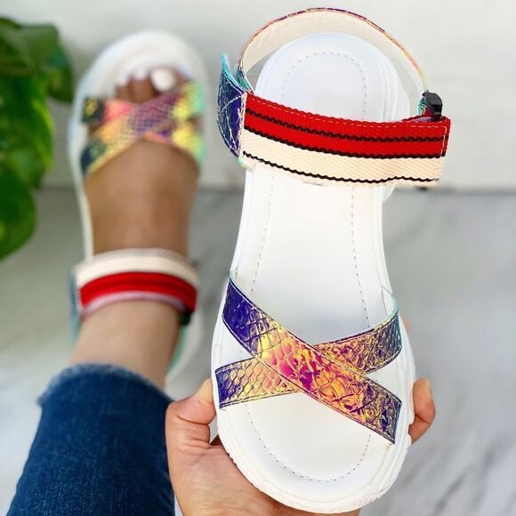 Hologram Rainbow White Velcro Platform Sandals - Picture 2 of 8